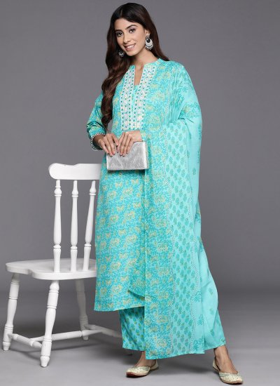 Trendy Salwar Suit Embroidered Blended Cotton in Aqua Blue