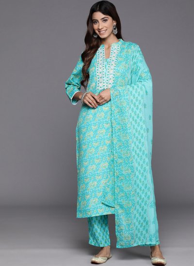Trendy Salwar Suit Embroidered Blended Cotton in Aqua Blue