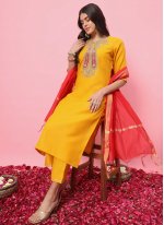 Trendy Salwar Suit Embroidered Blended Cotton in Mustard