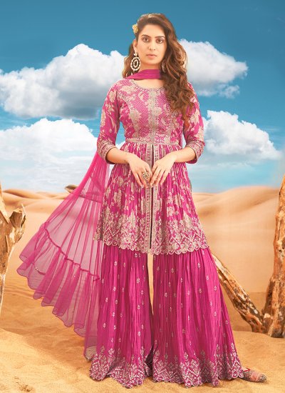 Trendy Salwar Suit Embroidered Chinon in Pink