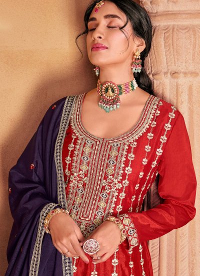 Trendy Salwar Suit Embroidered Chinon in Purple and Red