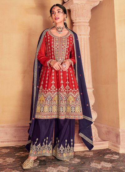 Trendy Salwar Suit Embroidered Chinon in Purple and Red