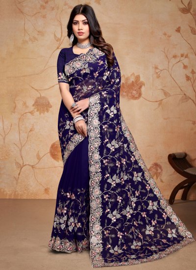 Trendy Saree Embroidered Georgette in Navy Blue