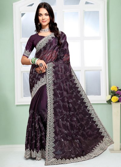 Trendy Saree Embroidered Silk in Purple