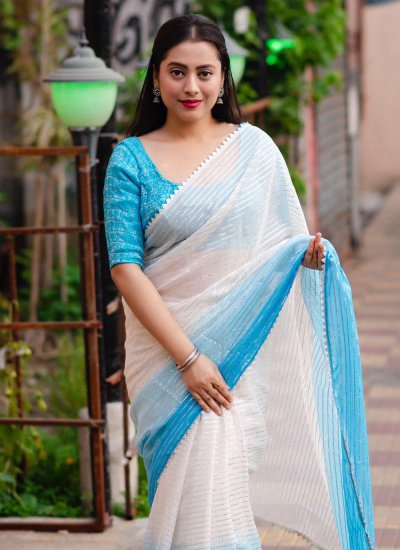 Trendy Saree Fancy Chiffon in Blue and Off White