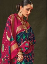 Trendy Saree Foil Print Silk in Navy Blue and Pink