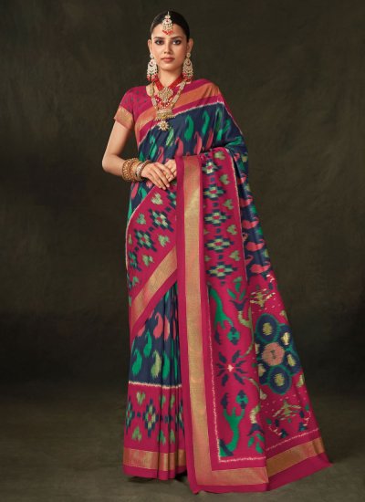 Trendy Saree Foil Print Silk in Navy Blue and Pink