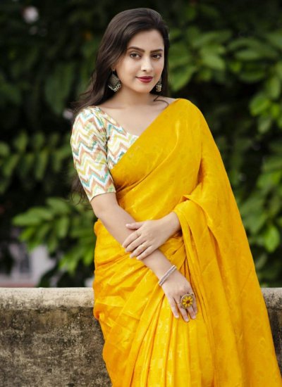 Trendy Saree Printed Silk Blend in Mustard