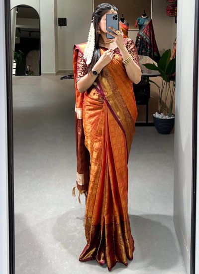Trendy Saree Weaving Kanjivaram Silk in Orange