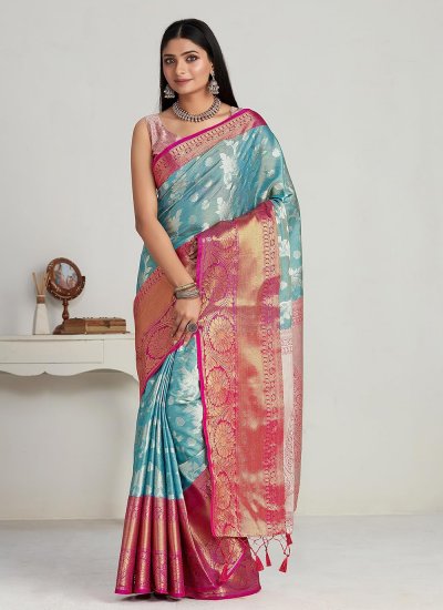 Trendy Weaving Kanjivaram Silk Turquoise Classic Saree