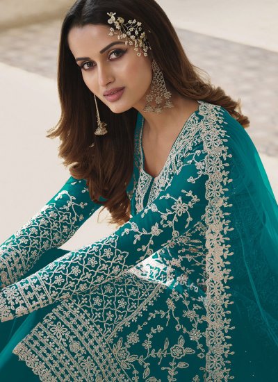 Turquoise Net Festival Trendy Salwar Suit