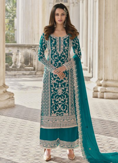 Turquoise Net Festival Trendy Salwar Suit