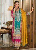 Turquoise Party Silk Designer Salwar Kameez
