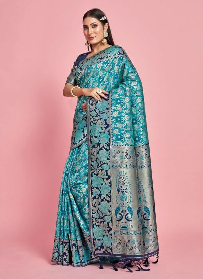 Turquoise Woven Engagement Contemporary Saree