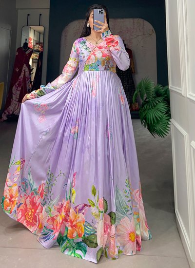 Tussar Silk Floral Print Designer Gown in Lavender