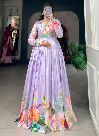 Tussar Silk Floral Print Designer Gown in Lavender