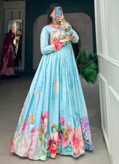 Tussar Silk Floral Print Trendy Gown in Blue
