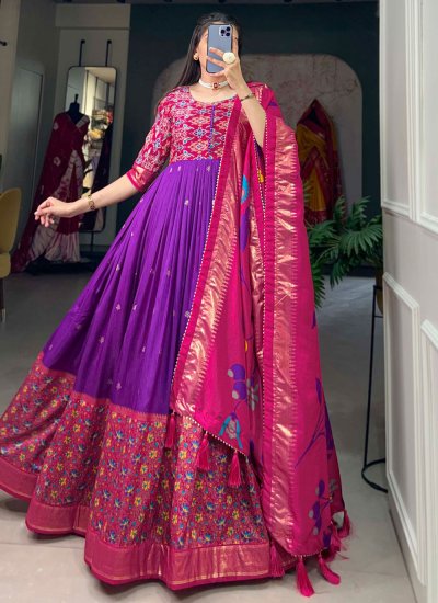 Tussar Silk Foil Print Trendy Gown in Purple