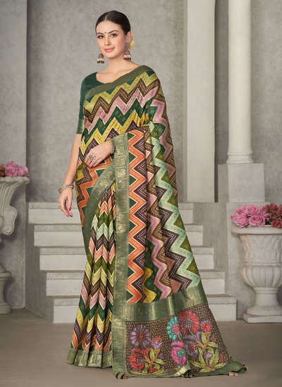 Shop Grey Tussar Silk Saree With Abstract Print And Zari Woven