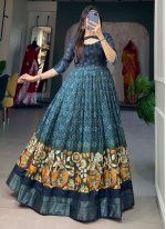 Tussar Silk Navy Blue Readymade Gown