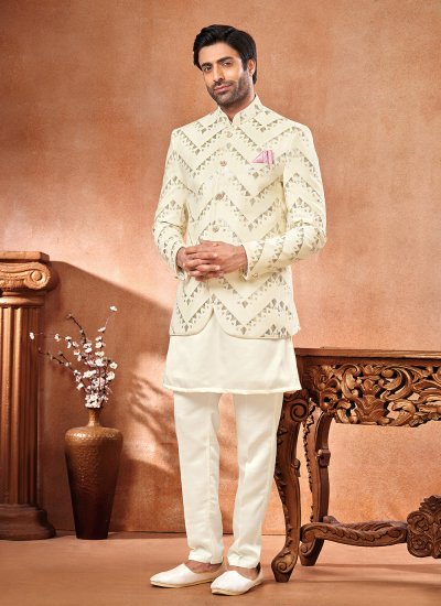 Velvet Jodhpuri Suit in Cream and Multi Colour