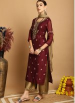 Versatile Chanderi Maroon Embroidered Readymade Salwar Suit