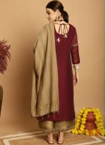 Versatile Chanderi Maroon Embroidered Readymade Salwar Suit