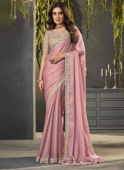 Versatile Chiffon Border Pink Contemporary Style Saree