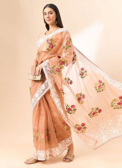 Versatile Floral Print Organza Peach Designer Saree