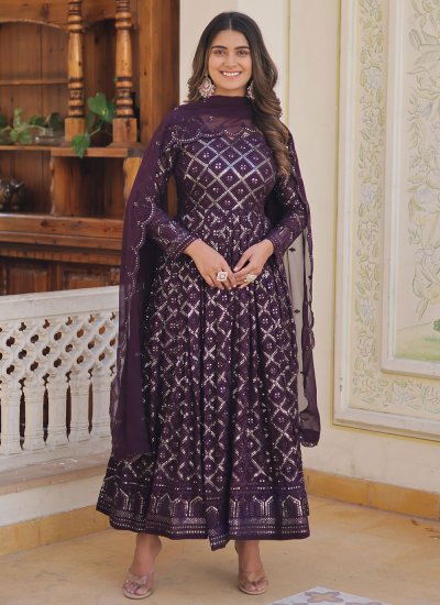 Versatile Purple Embroidered Faux Georgette Designer Gown
