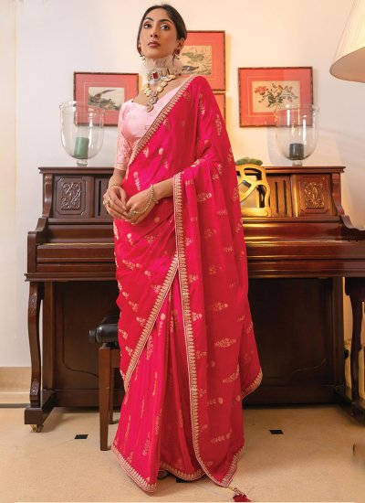 Vibrant Satin Hot Pink Embroidered Classic Saree