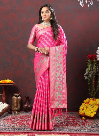 Vibrant Weaving Pink Silk Trendy Saree