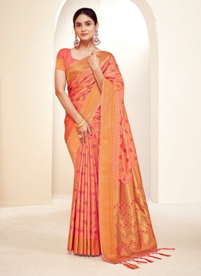 Vibrant Woven Banarasi Silk Peach Designer Traditional Saree