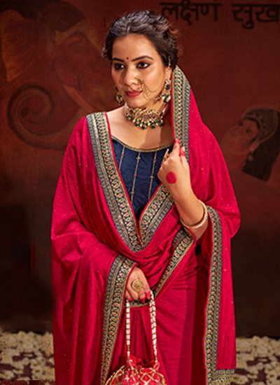 Vichitra Silk Classic Saree in Rani