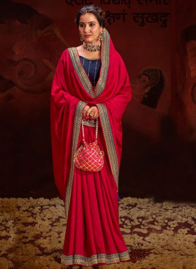 Vichitra Silk Classic Saree in Rani