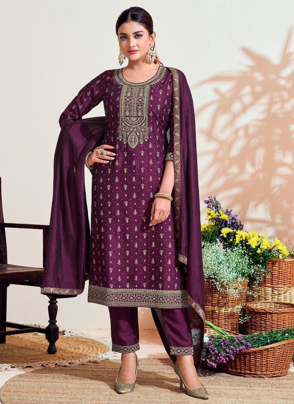 Vichitra Silk Designer Salwar Kameez in Purple