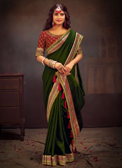 Vichitra Silk Embroidered Green Contemporary Saree