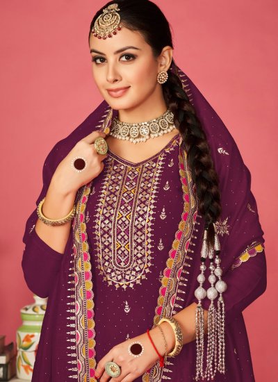 Vichitra Silk Embroidered Purple Salwar Suit