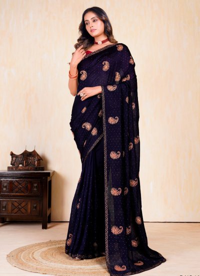 Vichitra Silk Embroidered Saree in Purple