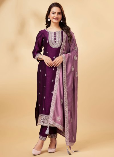Vichitra Silk Purple Embroidered Trendy Salwar Kameez