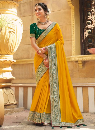Vichitra Silk Yellow Embroidered Classic Saree