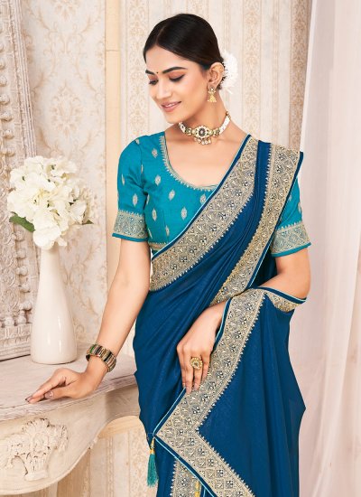 
                            Vichitra Silk Zari Contemporary Saree in Blue