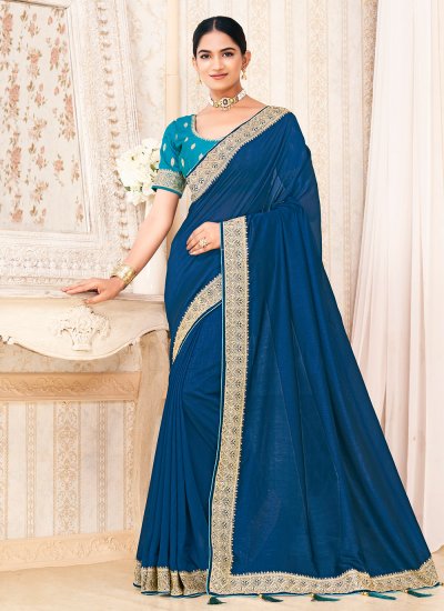 Vichitra Silk Zari Contemporary Saree in Blue