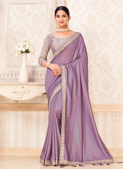 Vichitra Silk Zari Contemporary Saree in Lavender