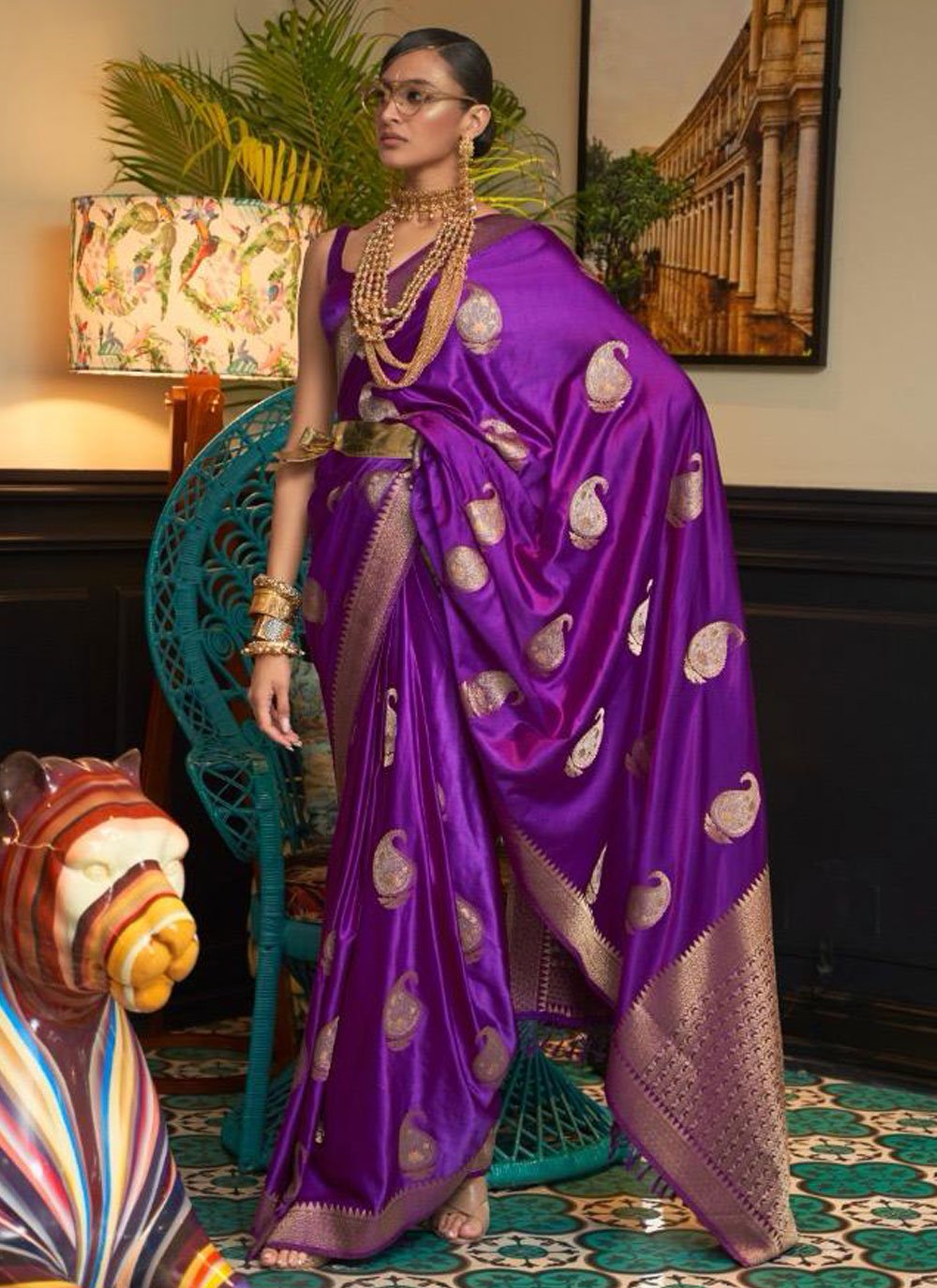 Violet Satin Weaving Contemporary Style Saree -