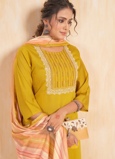 Viscose Embroidered Designer Salwar Suit in Mustard