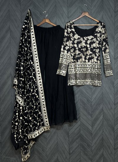 Viscose Embroidered Readymade Salwar Kameez in Black