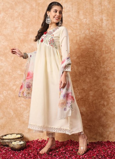 Viscose Embroidered Readymade Salwar Suit in Cream