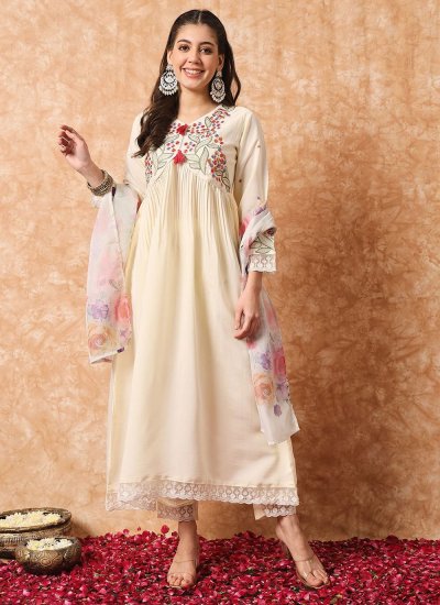 Viscose Embroidered Readymade Salwar Suit in Cream