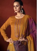 Viscose Embroidered Trendy Salwar Suit in Mustard